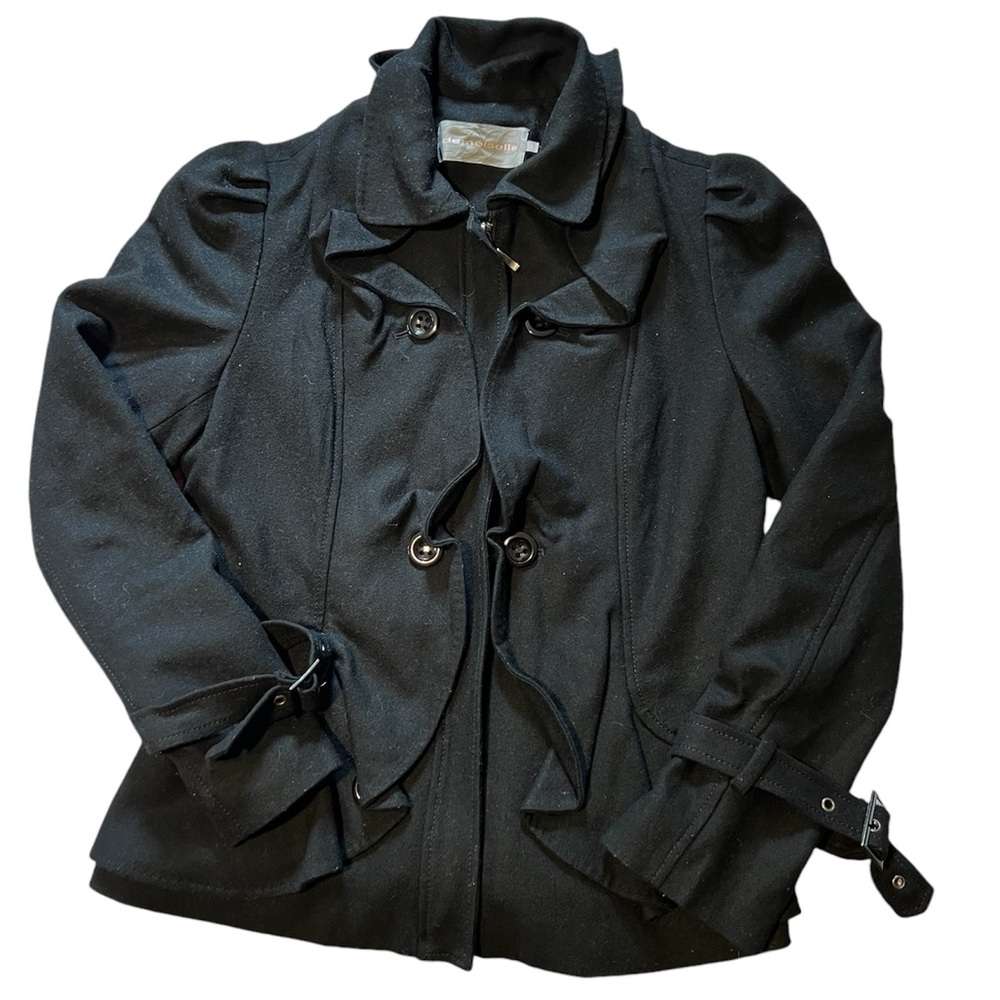 EUC - Demoiselle Women’s Wool Blend Ruffle Accent Jacket - Size Small, Black